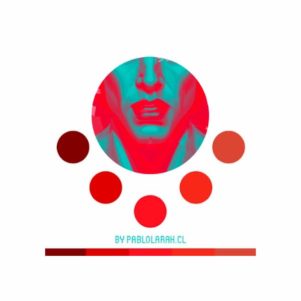 Color palette with 5 red circles around the illustration of a man in duotone red teal in a central big circle.