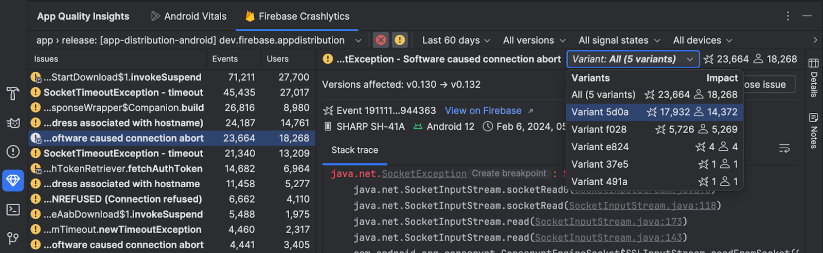 app quality insights in Android Studio