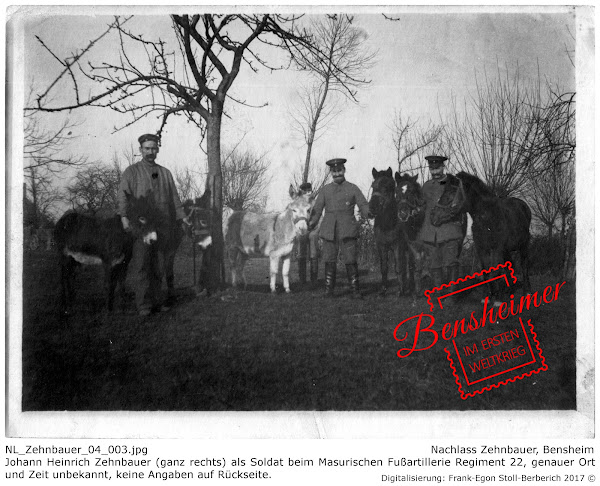 NL_Zehnbauer_04_003.jpg; Nachlass Zehnbauer, Bensheim; Johann Heinrich Zehnbauer (ganz rechts) als Soldat beim Masurischen Fußartillerie Regiment 22, genauer Ort und Zeit unbekannt, keine Angaben auf Rückseite. Digitalisierung: Frank-Egon Stoll-Berberich 2017 ©.