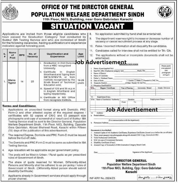 Population Welfare Department Govt of Sindh Jobs 2023 Latest Jobs in Pakistan  Application Form