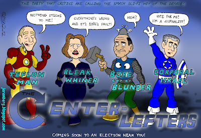 the party that critics are calling the smash sci fi hit of the decade teflon man nothing sticks to me bleak whiner evrythings wrong and its bibis fault huh bore god of blunder vot for me im a journalist corporal israel the center lefters coming soon to an election near you avengers parody satire iron man black widow thor captain america