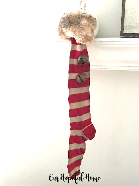 striped vintage Christmas stocking bells faux fur trim