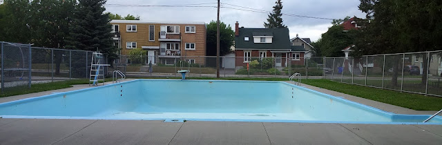 piscine, bleu, clôture, Frost, tremplin, plongeon, maison, logements multiples, parc, arbres