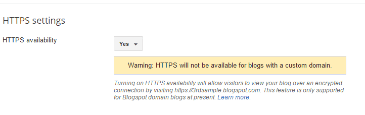 Blogspot HTTPS is supported on Blogspot domains and not supported on custom domains