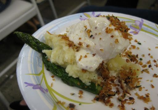 Olive oil poached halibut with brandade, asparagus, citrus cream and panko crumbs