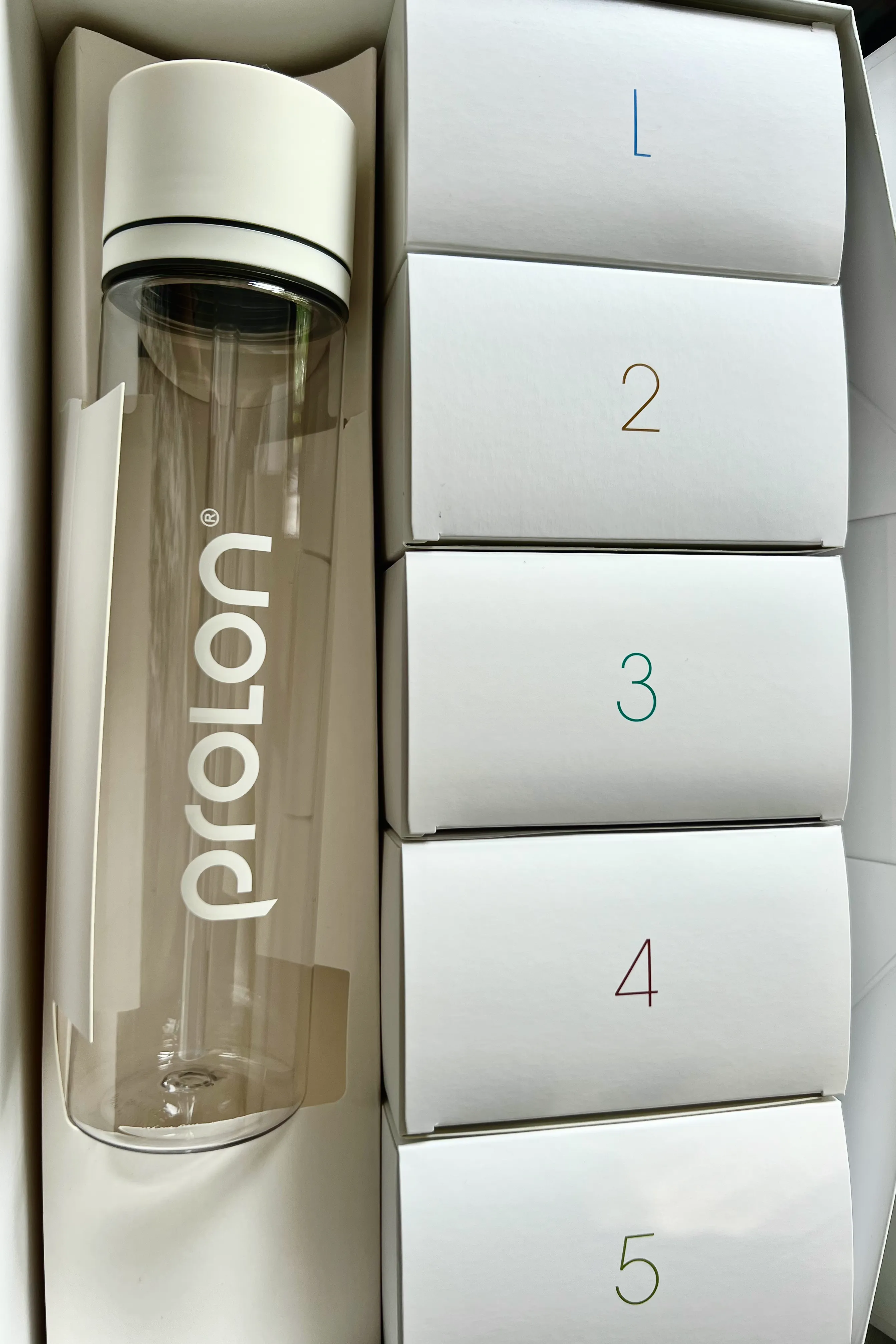 Inside my ProLon 5 day diet box showing the 5 boxes and a water bottle