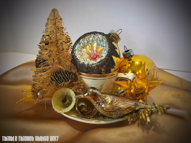 Gold Vintage Christmas Ornament Arrangement by Thistle Thicket Studio. www.thistlethicketstudio.com