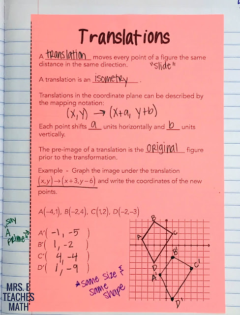 Translations Interactive Notebook Page for Geometry