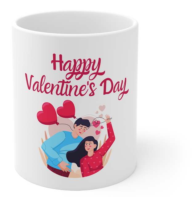Ceramic Mug With Pink and Blue Illustrated Happy Valentine's Day and White Background
