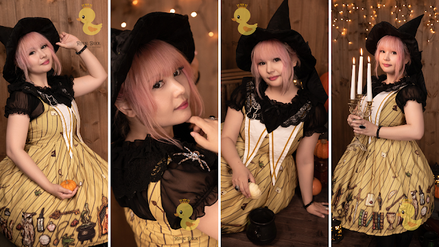 four witchy pictures in one with different poses and the royal duck logo in every picture