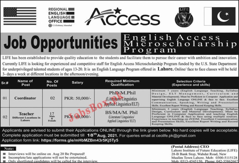 Lahore Institute of Future Education LIFE Jobs 2021, Download Form at https://forms.gle/mHbMZBm43r5Kj5Ty5