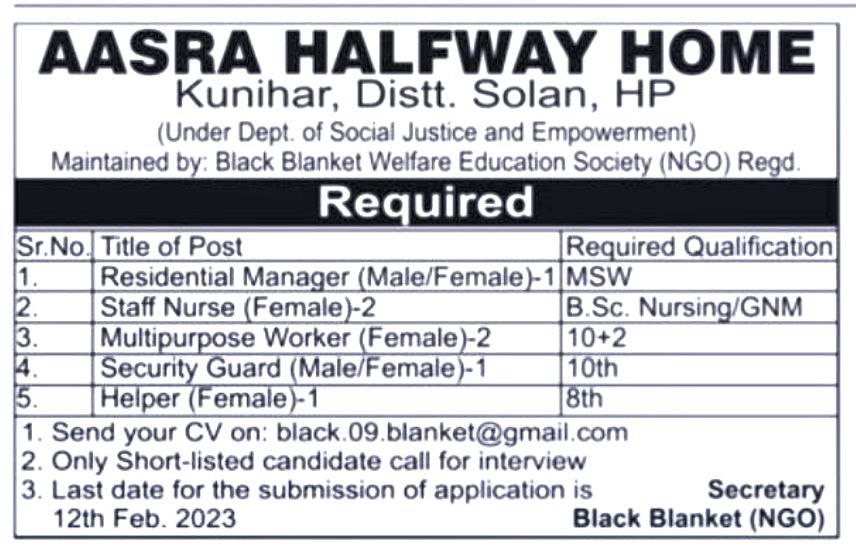Aasra Halfway Home Solan Helper,Staff Nurse & Other Posts Recruitment 2023