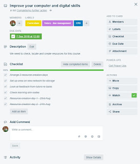 Screenshot of a task set up in Trello, showing deadline, checklist and description