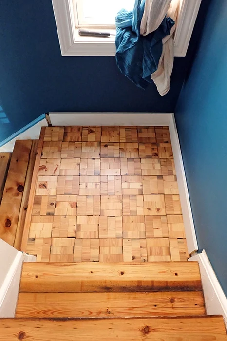 completed pine wood tiles stair landing diy