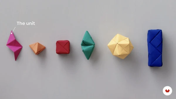 shapes that can be made with sonobe origami unit shown in variety of colors