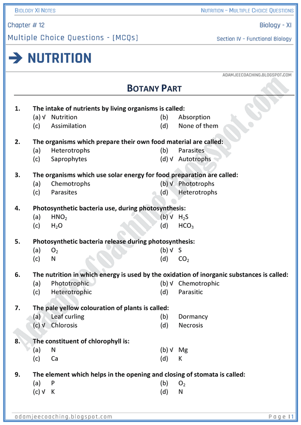 nutrition-mcqs-biology-11th