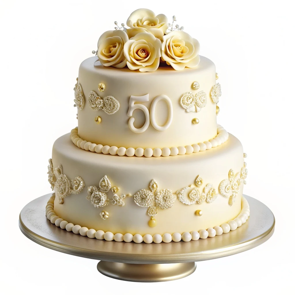  Pastel de aniversario de bodas de 50 años en color blanco decorado con rosas y perlas 