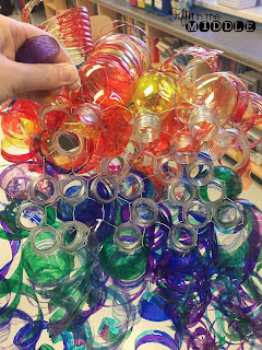 Recycled Chihuly-inspired art using water bottles and markers