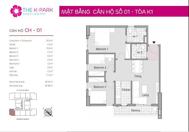 Thiết kế căn hộ 01 - Dt 83m2 - 03 phòng ngủ