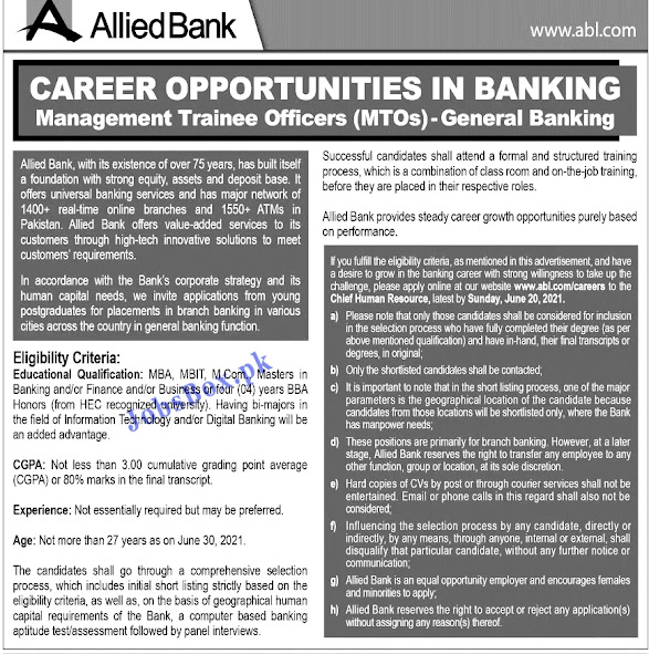 Latest Jobs in Allied Bank Limited ABL June 2021