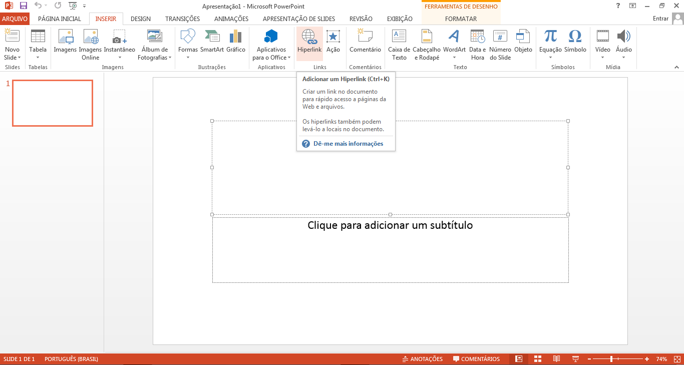 Botão inserir hiperlink no Microsoft PowerPoint