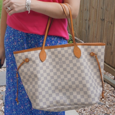 Louis Vuitton MM damier azur neverfull with floral maxi skirt outfit | away from the blue