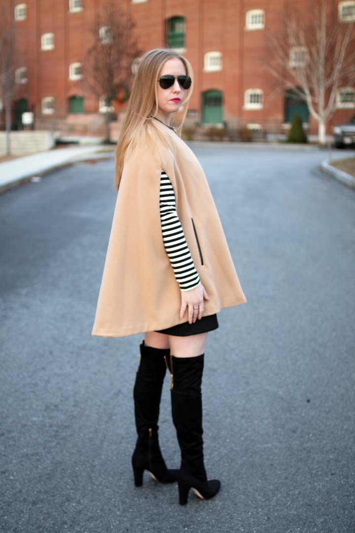 nude cape, black dress, stripes, boston blogger style, style blogger, over the knee boots, layers, clare v. foldver leopard clutch, 