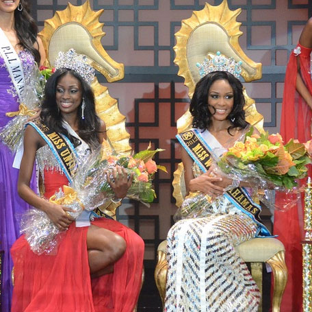 Celeste Marshall and De’andra Bannister sits on their throne after winning the Miss Bahamas 2012 - 2013 Pageant