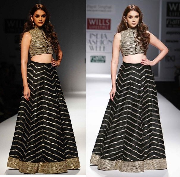 Aditi Rao Hydari in Black Lehenga Choli for Payal Singhal at Wills Lifestyle India Fashion Week