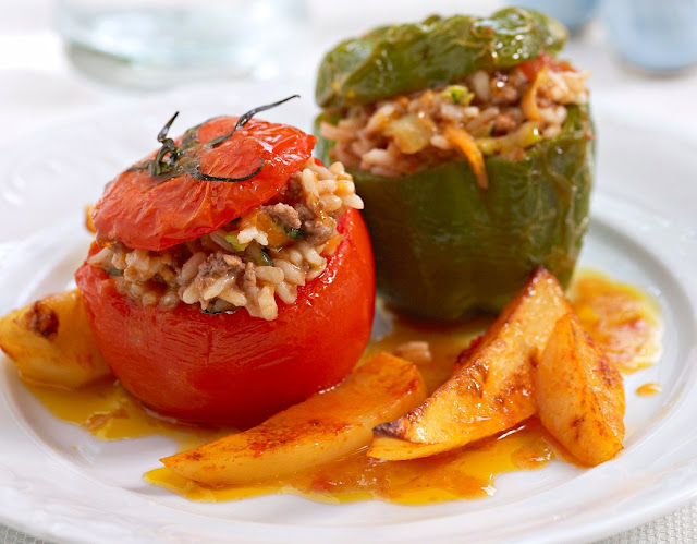 Ioanna's Notebook - Gemista (Rice stuffed peppers & tomatoes)