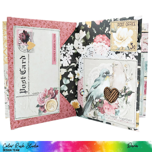 A6 envelope album created with paper from the Simple Stories Simple Vintage Love Story line, decorated with embellishments from Color Rush Studio.