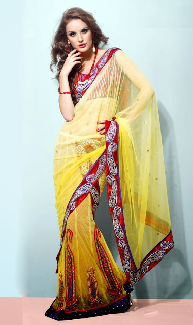 Attractive Gold Color & Red Embroidered Saree