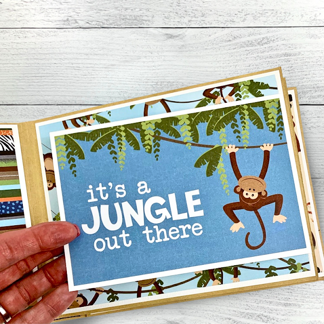 Fun Day at the Zoo Scrapbook Album Page with a folding card, monkeys, tropical leaves, and a jungle theme