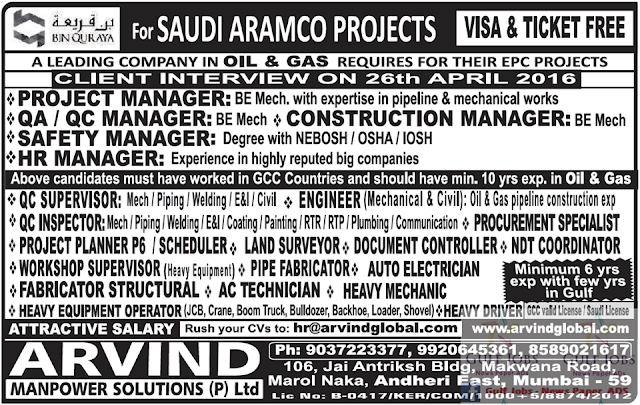 Visa & Ticket free for Saudi Aramco Project