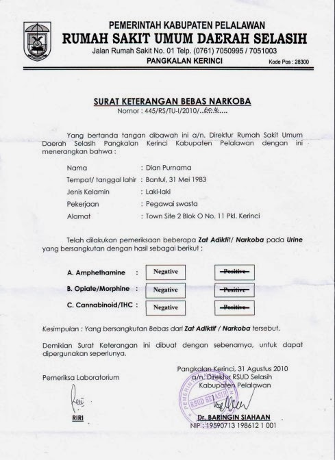 Contoh Surat Keterangan Bebas Narkoba atau NAPZA