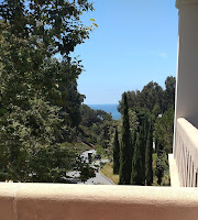 View from balcony past trees to the ocean