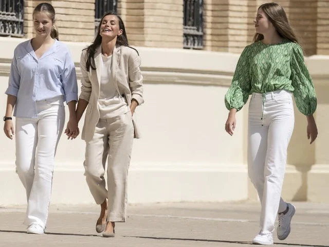 King Felipe, Queen Letizia Crown Princess Leonor and Infanta Sofia. Adolfo Dominguez beige blazer and pants