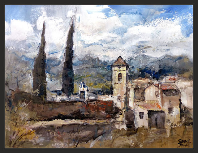 LES IRLES-PINTURA-RIUDECOLS-MUNIICIPIS-BAIX CAMP-TARRAGONA-CATALUNYA-PAISATGES-ESGLESIA-QUADRES-ARTISTA-PINTOR-ERNEST DESCALS