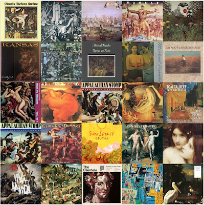 A composite image of 25 music album covers with famous works of art on them.