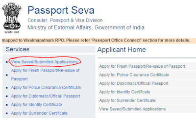 View Saved\Submitted applications of Passport