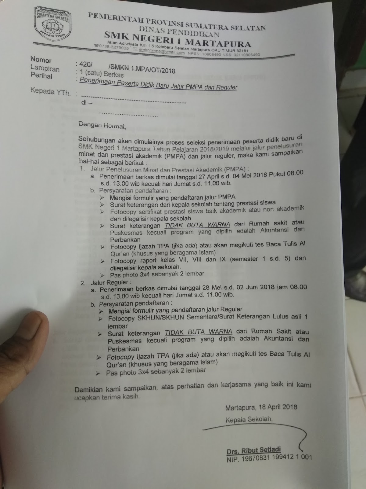 Syarat syarat Penerimaan Siswa Baru SMK Negeri 1 Martapura