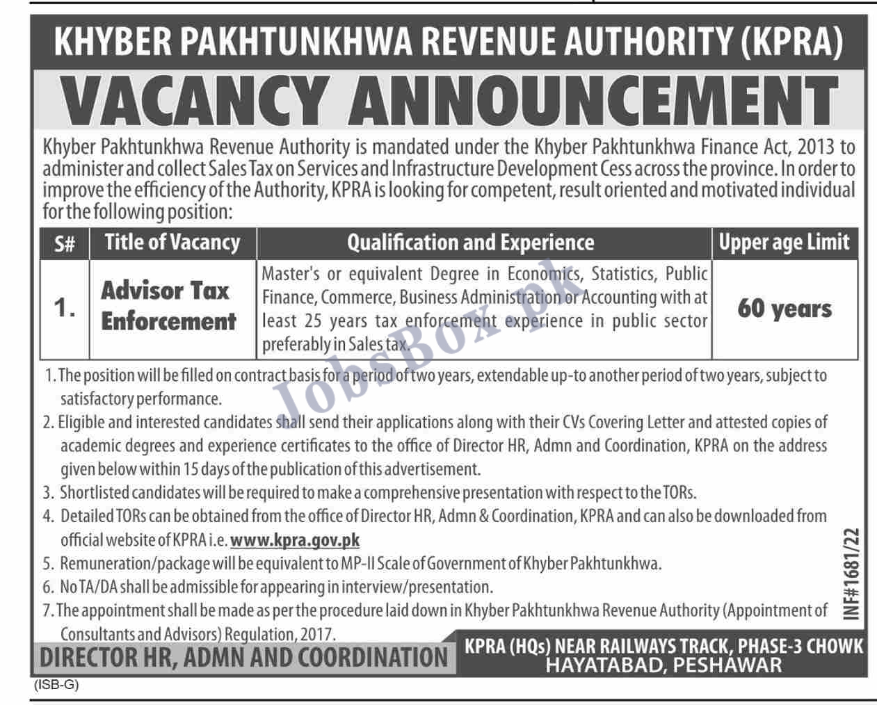 Khyber Pakhtunkhwa Revenue Authority KPRA jobs 2022