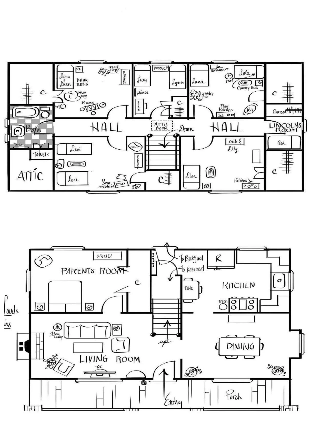 Floor plan for the Loud house | House plans, House floor plans, Floor plans