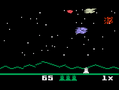Sample gameplay from Astrosmash, showing the player destroying asteroids.