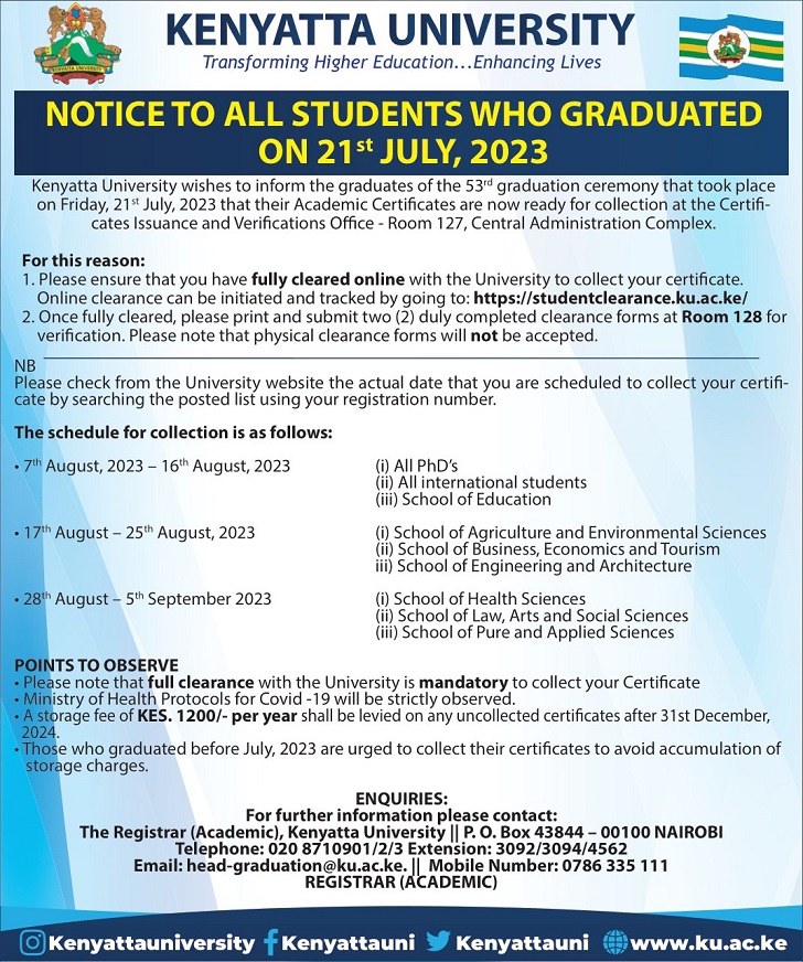 Kenyatta University Graduation Certificates Collection Dates 2023