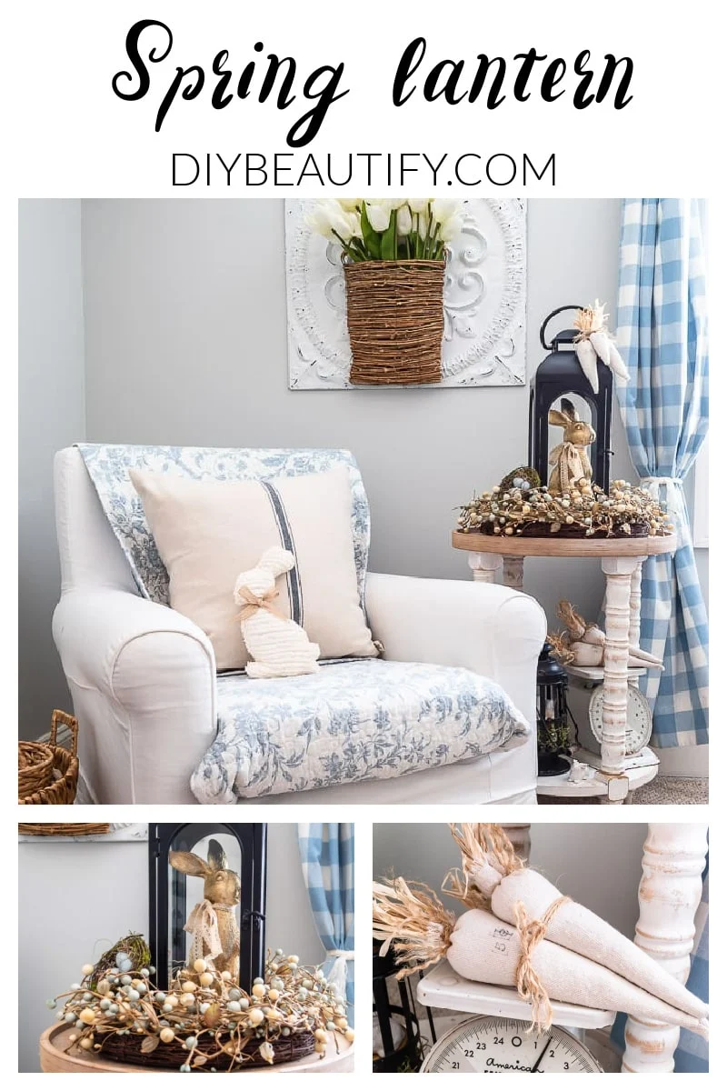 white armchair, blue throw, side table with Spring rabbit vignette