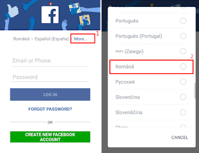 Aplicația Facebook în limba română din ecranul de login