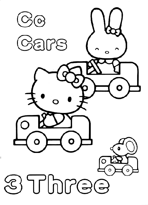 Hello Kitty Coloring Pages Birthday. Hello Kitty 3 Cars Coloring