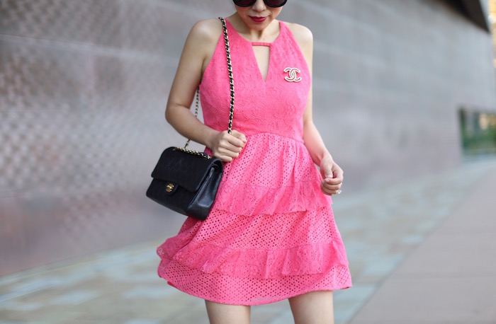 Adelyn Rae Keyhole Front Lace Fit & Flare Dress, lace fit and flare dress, casedei wedges, karen walker sunglasses, chanel classic flap bag, chanel brooch, how to get designer shoes and bags on sale