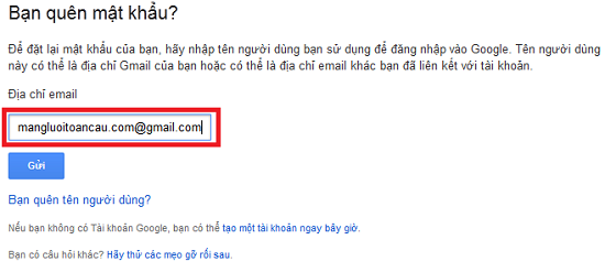 Nhập email mà bạn quên mật khẩu
